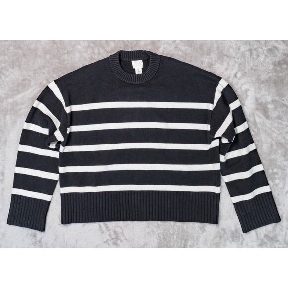 H&M Loose Fit Black Ivory Striped Crewneck Sweater Womens Size L - Picture 1 of 9